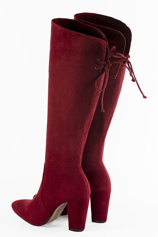 Burgundy red women's knee-high boots, with laces at the back. Round toe. High block heels. Made to measure. Rear view - Florence KOOIJMAN